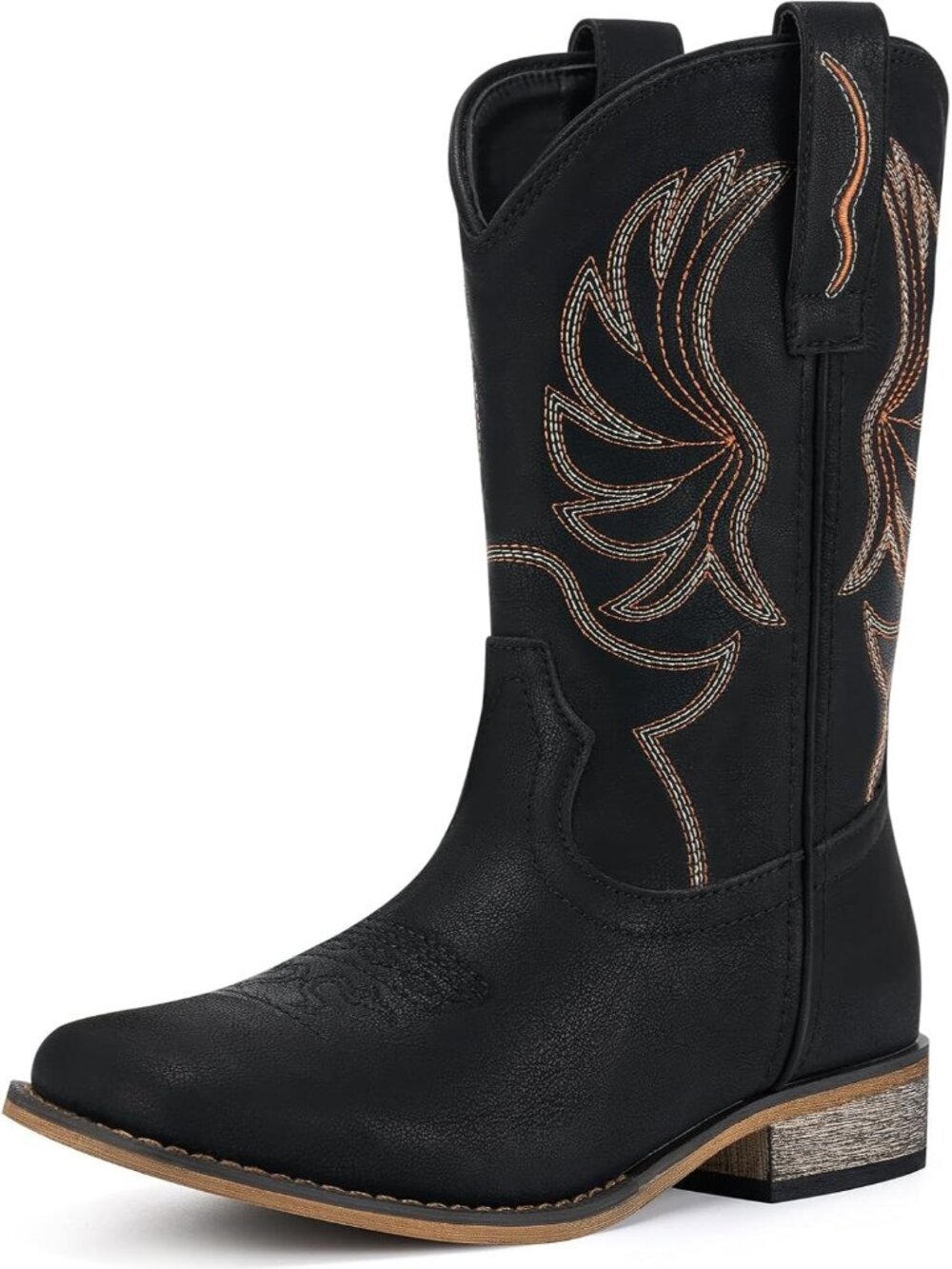 Girls Black Square Toe Cowgirl Stylish Girls Mid Calf Toe Riding Shoes Boots